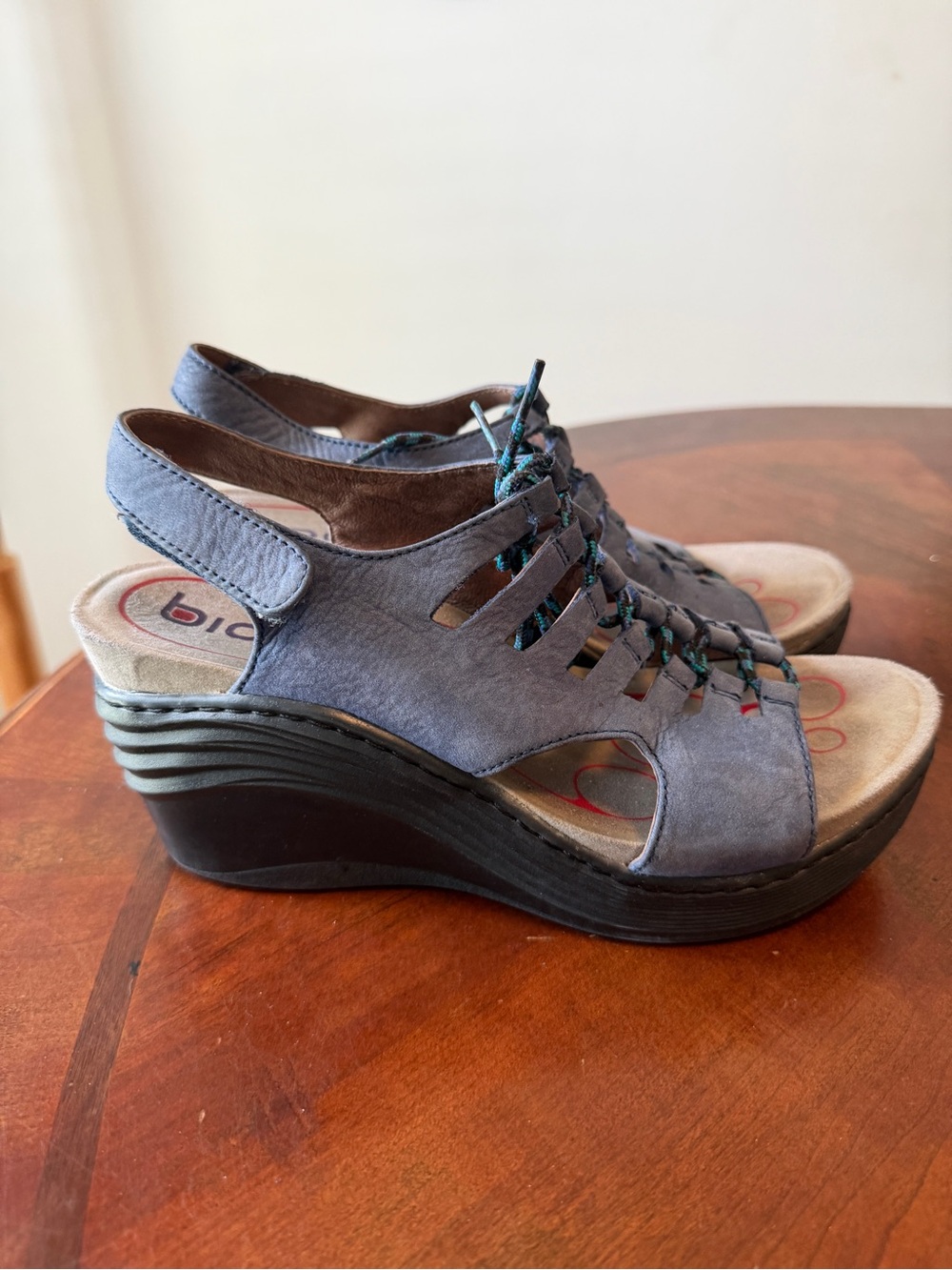 Bionica Sirus Blue Suede Sandals Size 7.5 Peep Toe Wedges Lace Up Shoes
